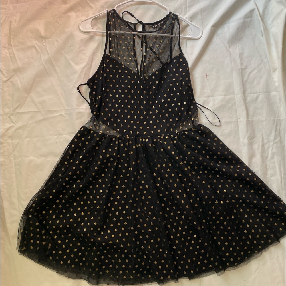 Express Dress black mesh with gold polka dots